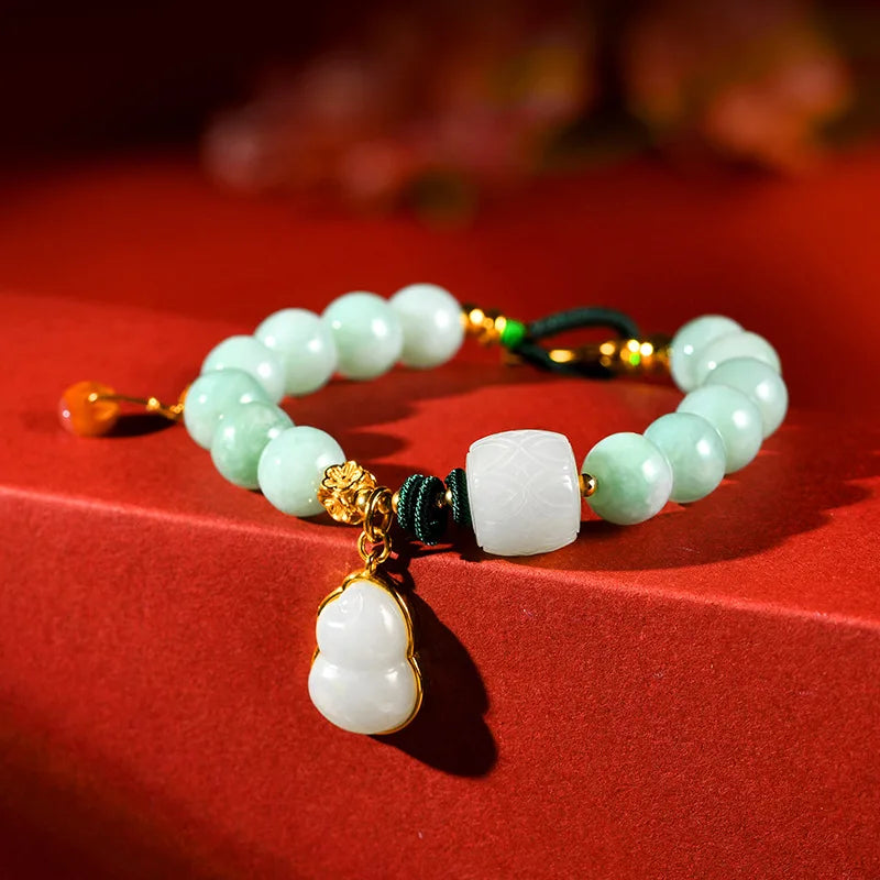 Natural Jade Calabash Bracelet — 925 Needle & Braided Rope
