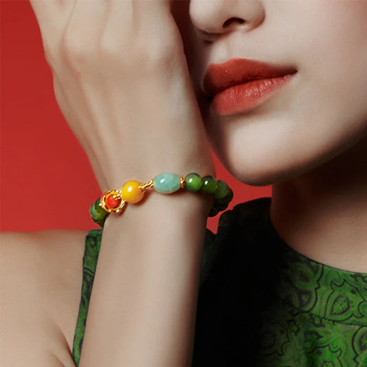 Hetian Jasper & Wax Amber Hand Chain｜Tibetan Silver Rope