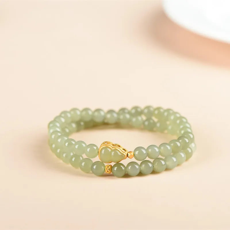 Hetian Jade Double-Loop Bracelet — 6mm Silver‑Gold Elegance