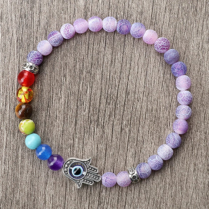 6mm天然石七脉轮弹力手链｜掌形邪眼护符 男女通用