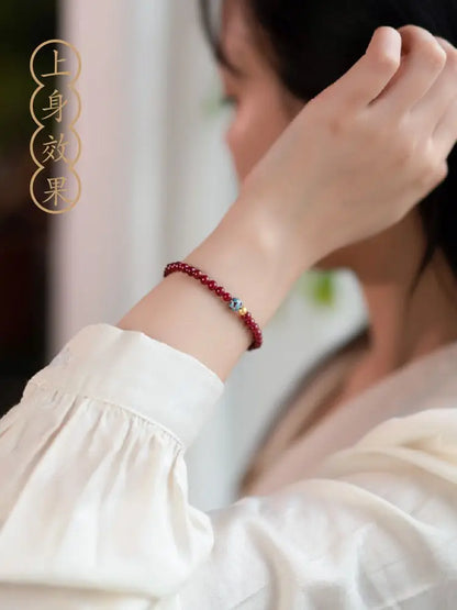 Natural Cinnabar & Blue Lotus Cloisonné Bracelet