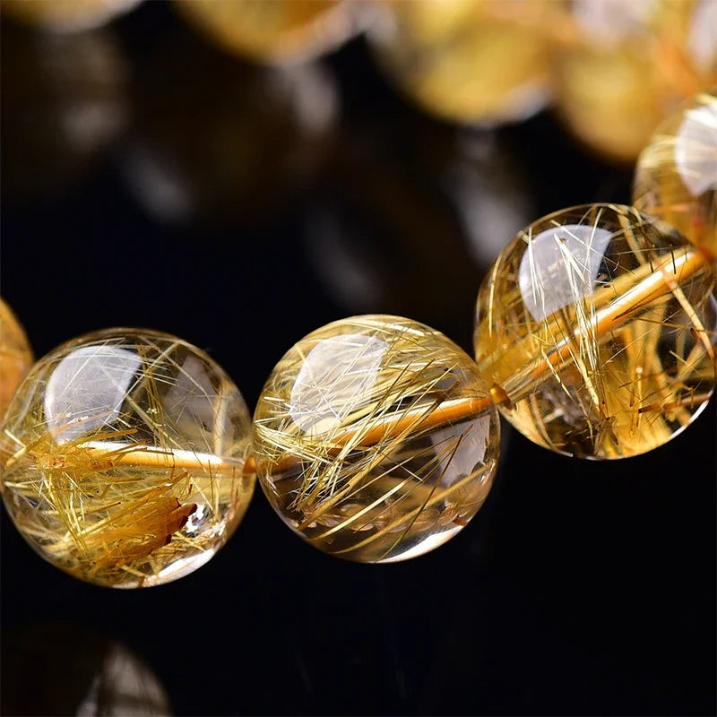 Rutilated Quartz Golden-Needle Round Bead Bracelet