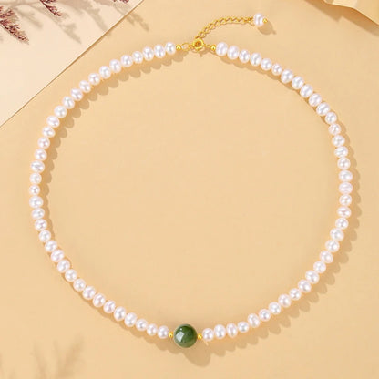 Green Pearl Choker — Freshwater Pearl & Green Beads