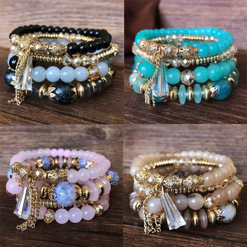 Bohemian Crystal Tassel Multi-Layer Elastic Bracelet Set (4pcs)