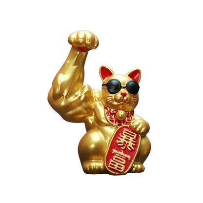 Big Muscle Arm Lucky Cat Figurine Collectible Resin Crafts Feng Shui Decoration for Desk Counter Store Bookcase Modern Shelf