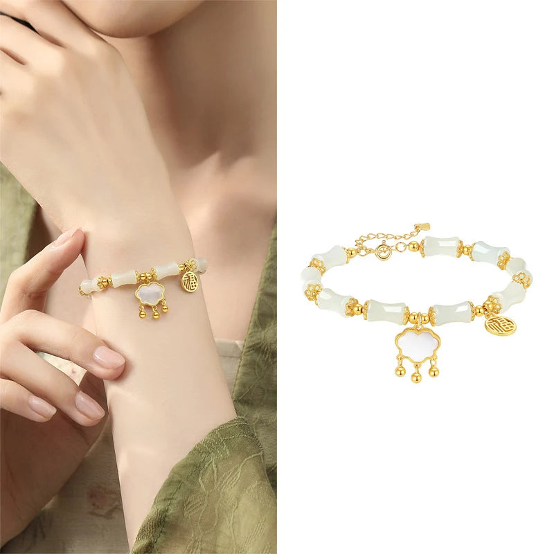 Hetian Olive Jade Bracelet - Bamboo Knot Adjustable Charm