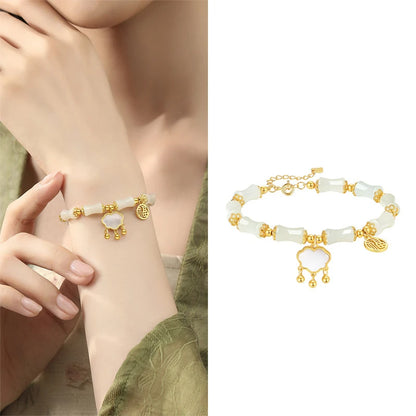 Hetian Olive Jade Bracelet - Bamboo Knot Adjustable Charm