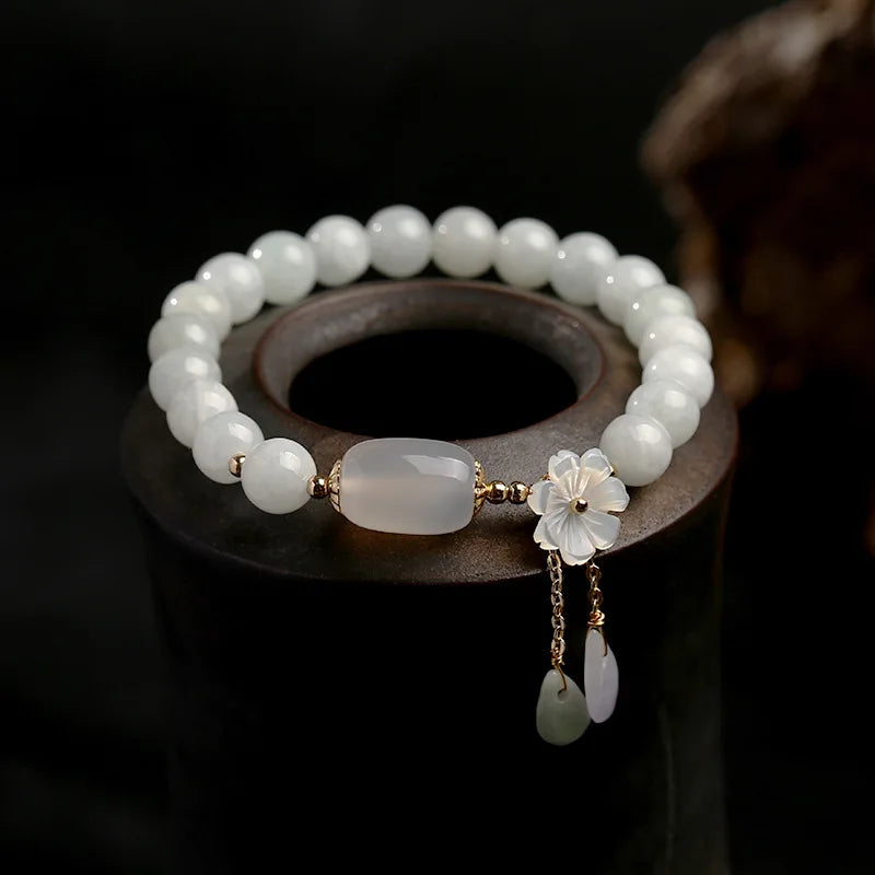 Water Drop Shell Flower Pendant Bracelet Woman Natural Jade Emerald Agate Beads Bracelet Adjustable Bangle Charm Jewelry