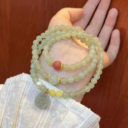 Hetian Jade Multi-Row Bracelet – Agate Lotus Pendant