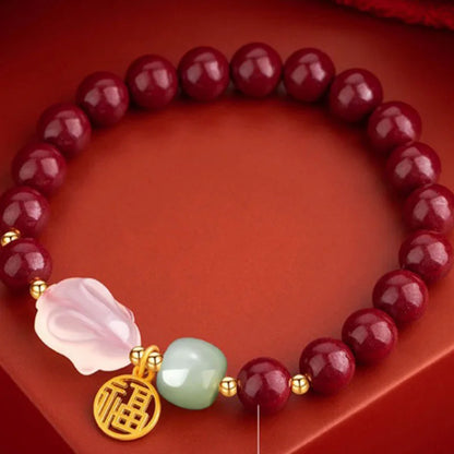 Double-Layer Southern Red Hotan Jade Bracelet with Rabbit Charm