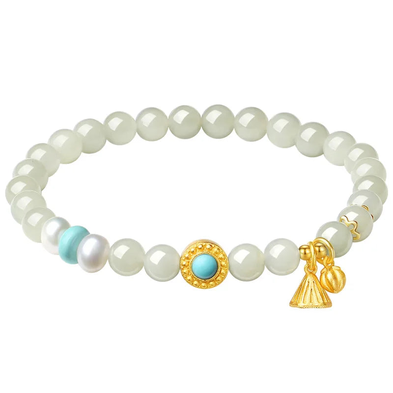 Hetian Jade Lotus Pendant with Pearl Green Bead Bracelet
