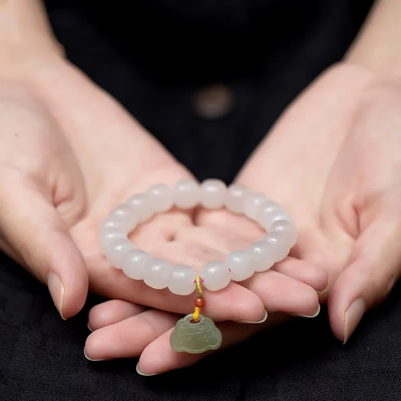 Pink Hetian Jade Pearl Hand‑Woven Tassel Bracelet