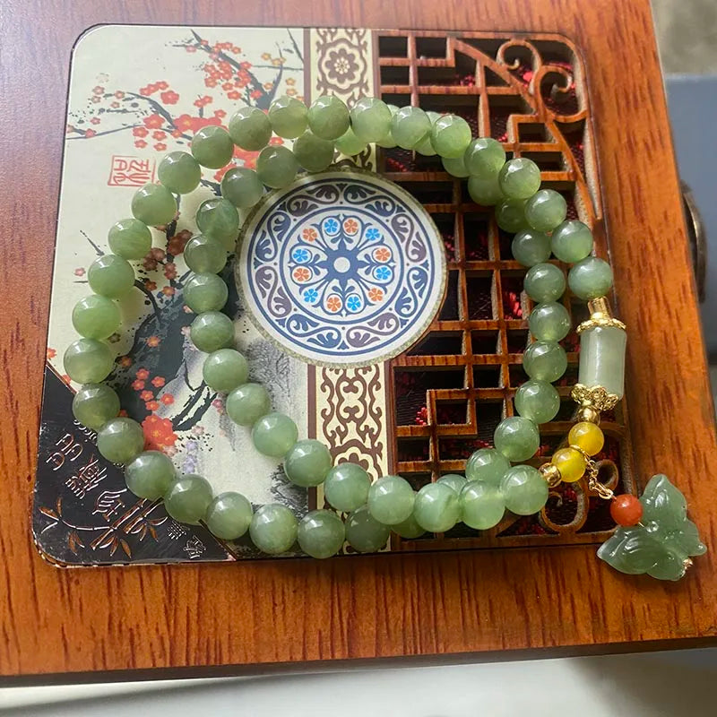 Natural Hetian Jade Elastic Bracelet｜Elegant Vintage Feng Shui Jewelry