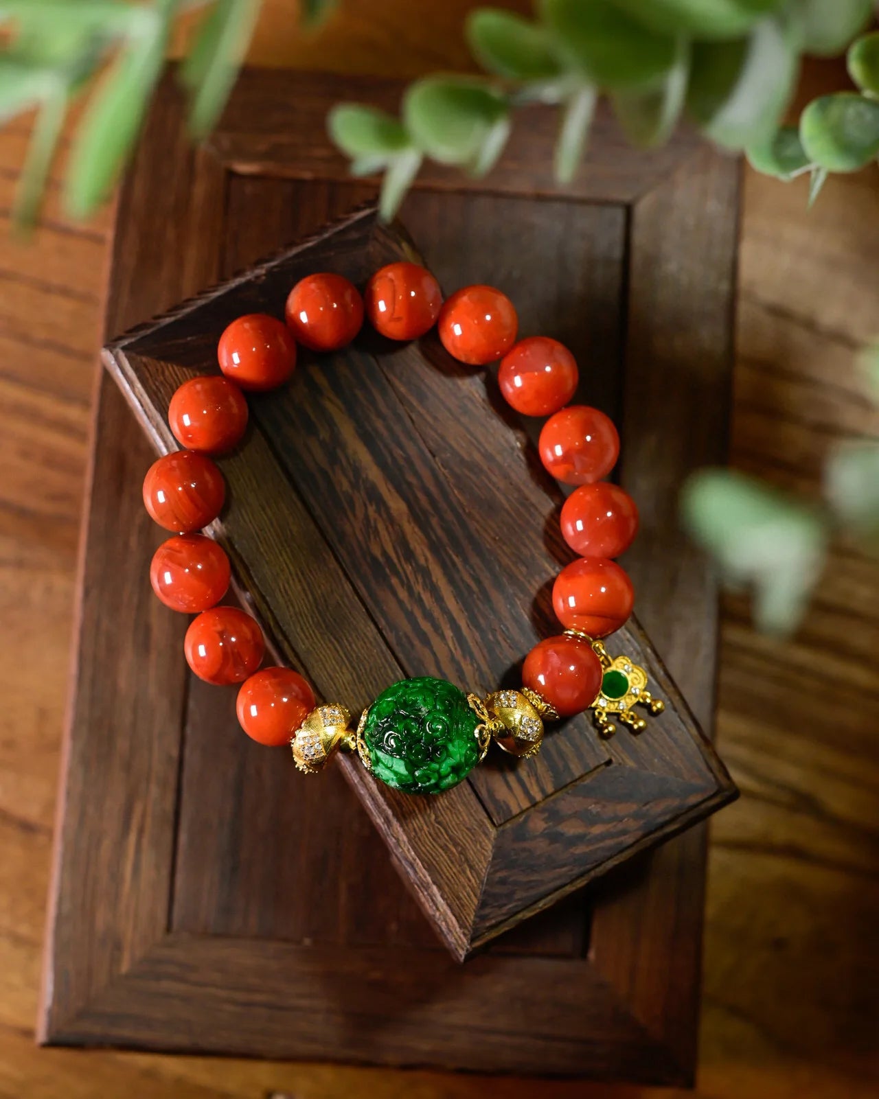 天然四川南红玛瑙与A货翡翠回纹转运手链·925银招财护身饰