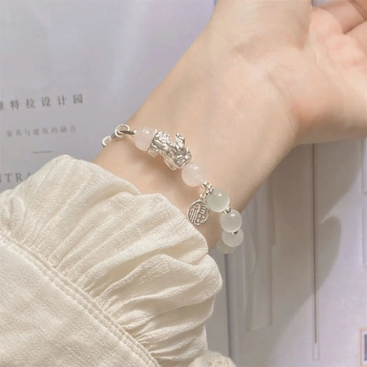 Antique Silver White-Blue Chalcedony Bead Bracelet — Court Style