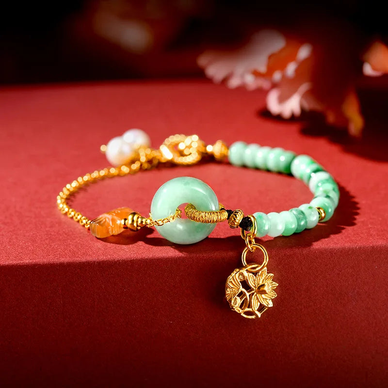 Natural Jadeite Peace-Buckle Bracelet with Pearl Pendant