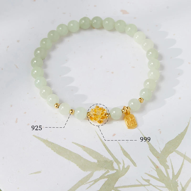 Hetian Green Jade 6mm Lotus Bracelet — Single Circle Buddha Beads