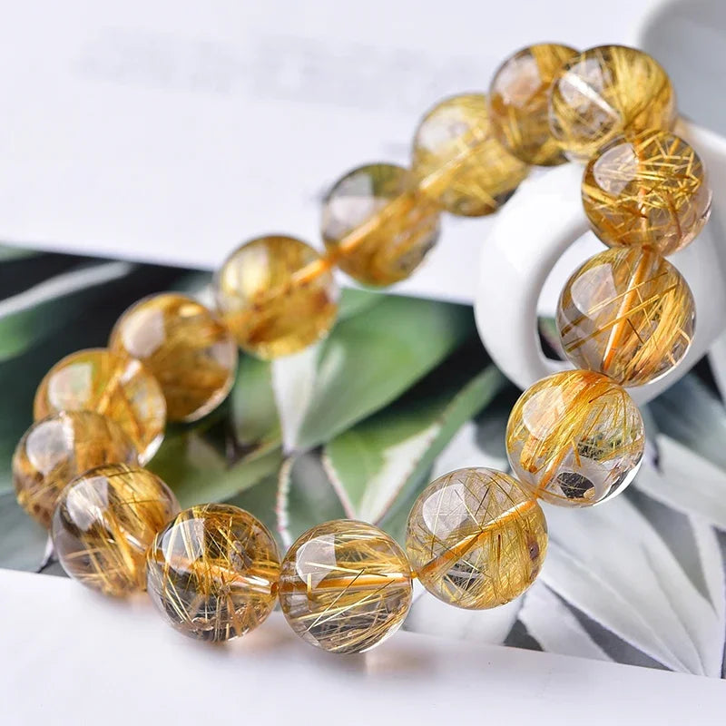 Rutilated Quartz Golden-Needle Round Bead Bracelet