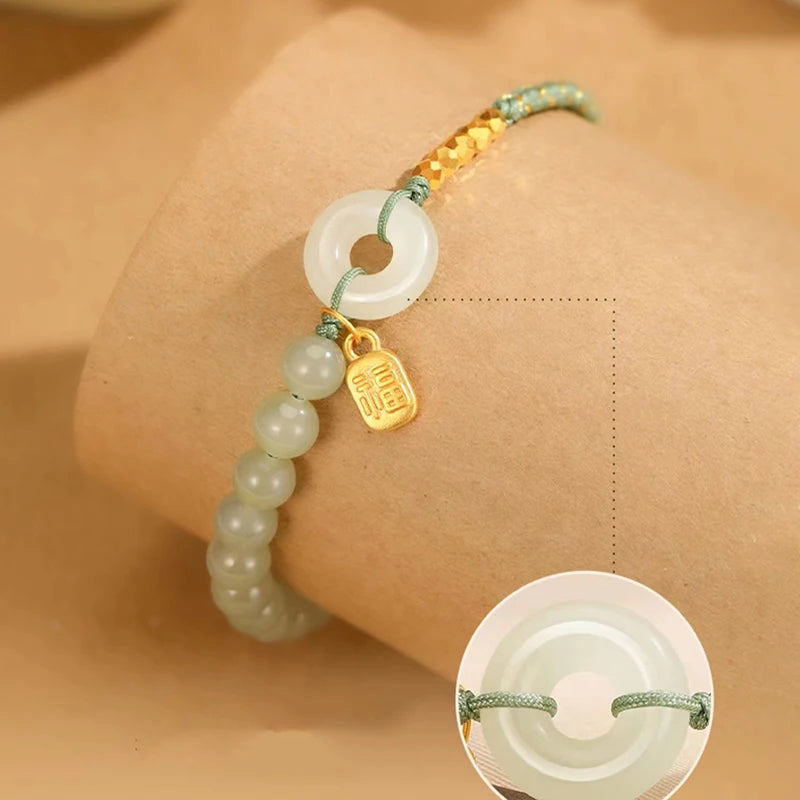 Natural Hetian Jade Lucky Buckle Braided Bracelet for Women