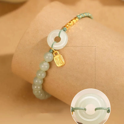 Natural Hetian Jade Lucky Buckle Braided Bracelet for Women