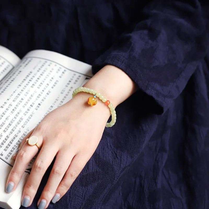 Natural Hetian Jade Beaded Bracelet | 925 Silver & Gold