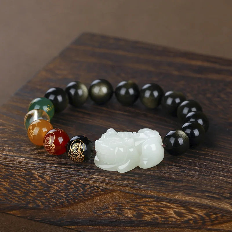 Natural Bracelet For Male High End Hotan Jade Pixiu Attracts Money And Obsidian Five Way God Of Wealth Buddha Beads Give Gifts