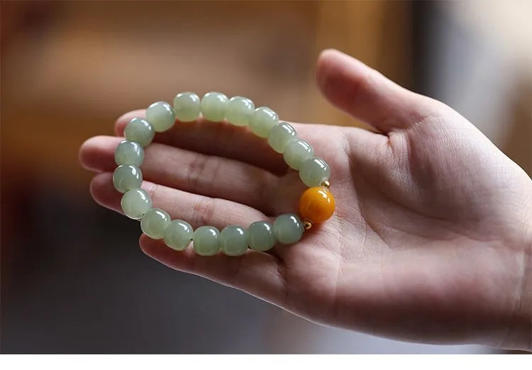 Natural Hetian Jade Green Bead Bracelet — Handmade Lucky Strand