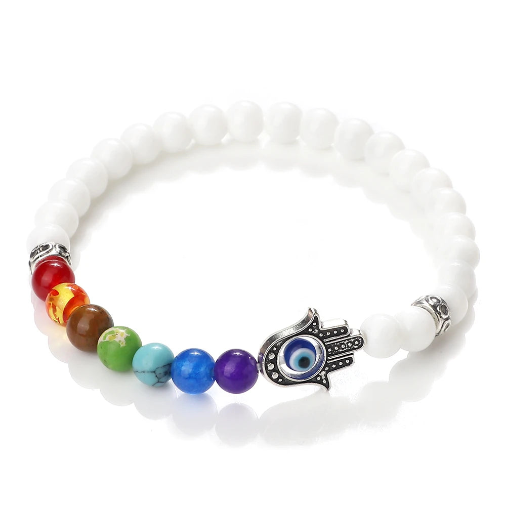 6mm天然石七脉轮弹力手链｜掌形邪眼护符 男女通用
