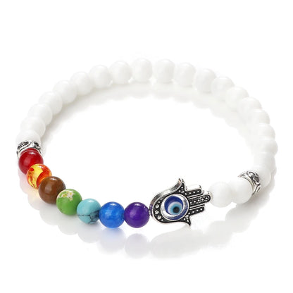 6mm天然石七脉轮弹力手链｜掌形邪眼护符 男女通用
