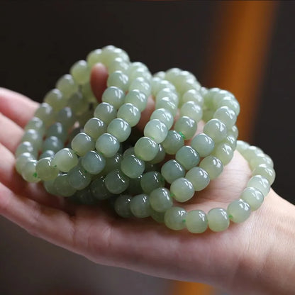 Natural Hetian Jade Green Bead Bracelet — Handmade Lucky Strand