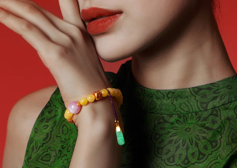 8mm Amber Hetian Jade Bell Bracelet｜Feng Shui Elegance