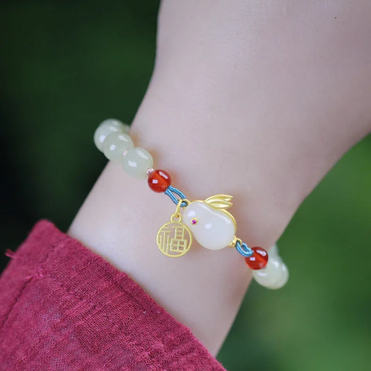 Hetian Jade Auspicious Bead Bracelet - 925 Silver Bell