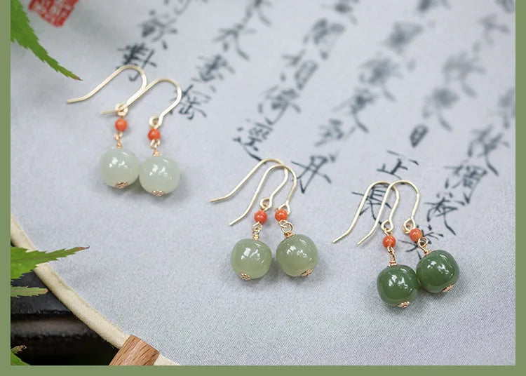 Hetian Jade Green Earrings | Sterling Silver Allergy-Proof