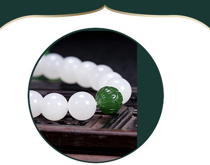 Hetian White Jade Flower Pendant Bracelet｜10mm Natural Bead Set