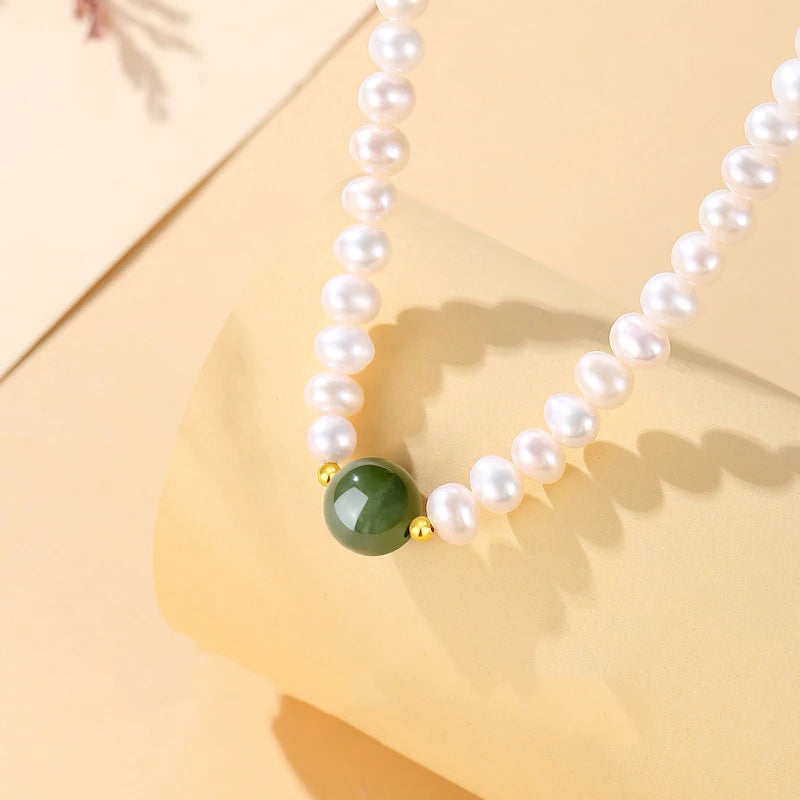 Green Pearl Choker — Freshwater Pearl & Green Beads