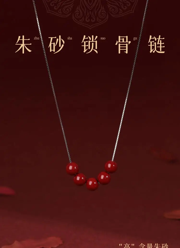 Natural Cinnabar Water-Drop Pendant Necklace｜Silver Chain Lucky Beads