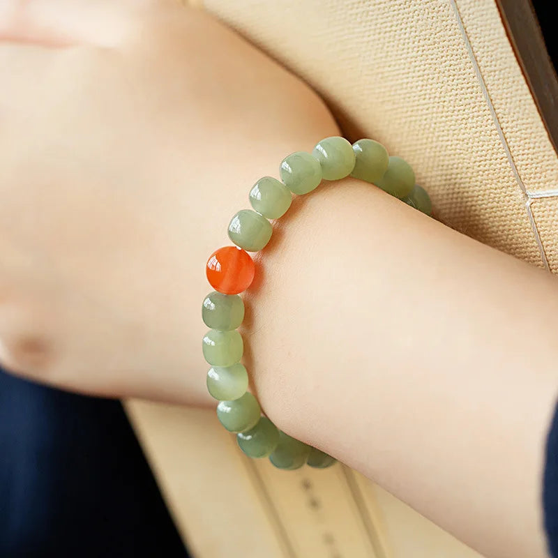 Hetian Green Jade Lotus Bead Bracelet — Feng Shui Charm