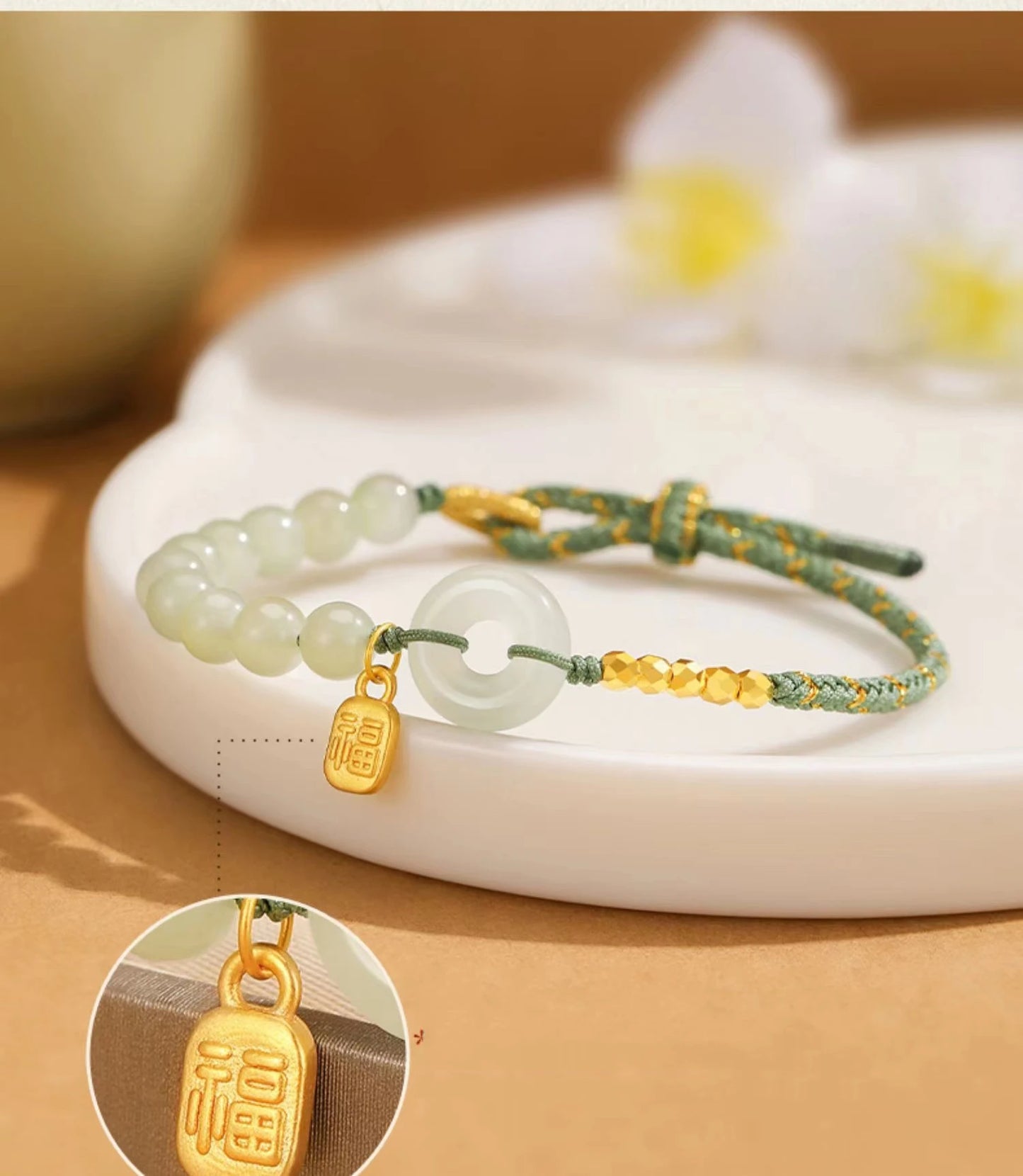 Natural Hetian Jade Lucky Buckle Braided Bracelet for Women