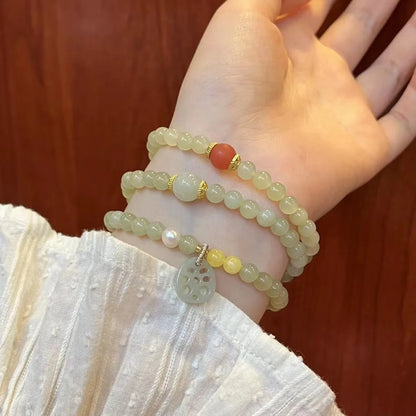 Hetian Jade Multi-Row Bracelet – Agate Lotus Pendant