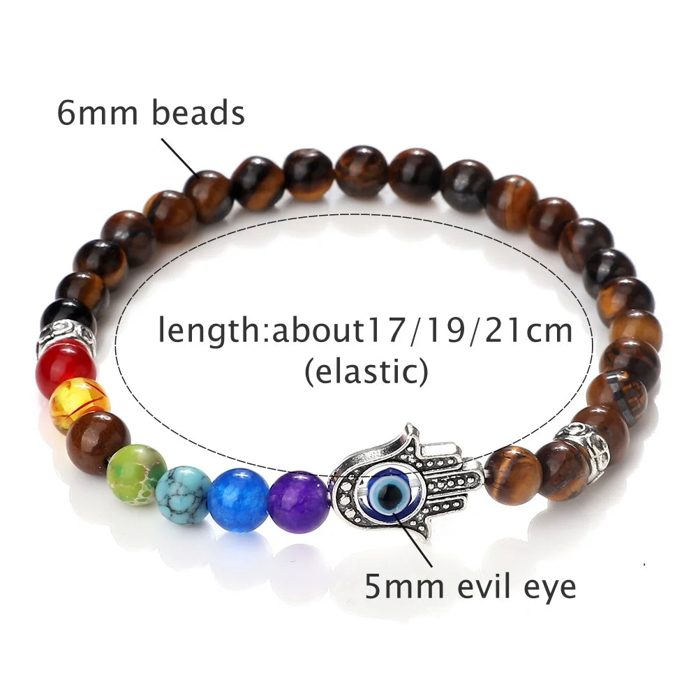 6mm天然石七脉轮弹力手链｜掌形邪眼护符 男女通用