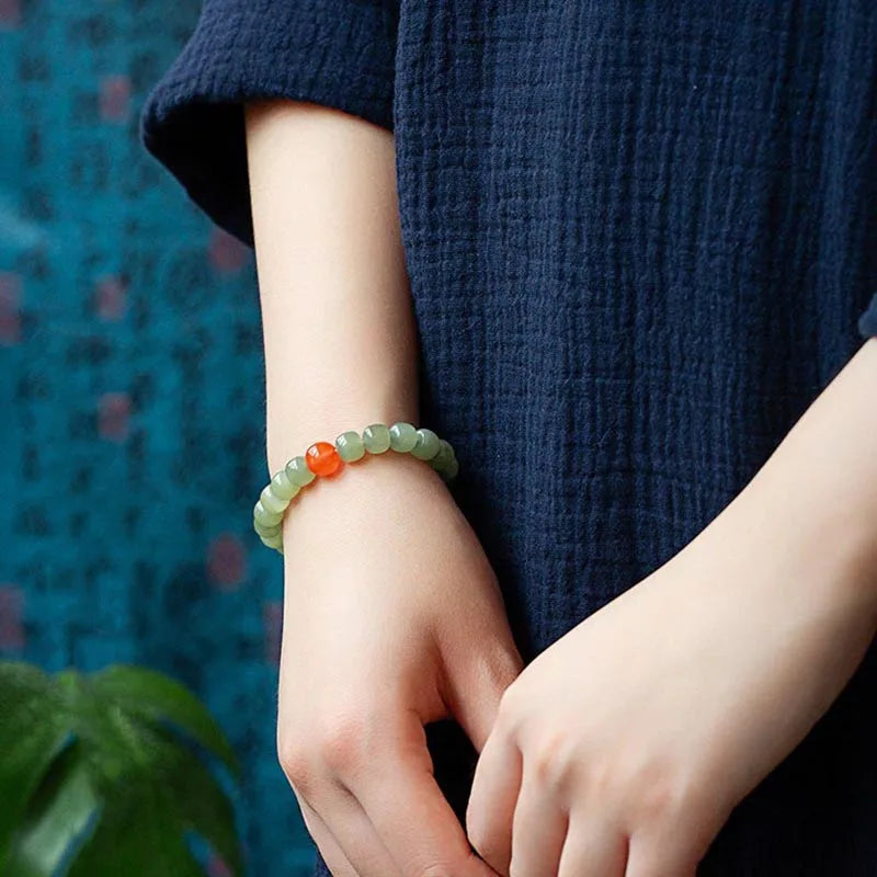 Hetian Green Jade Lotus Bead Bracelet — Feng Shui Charm