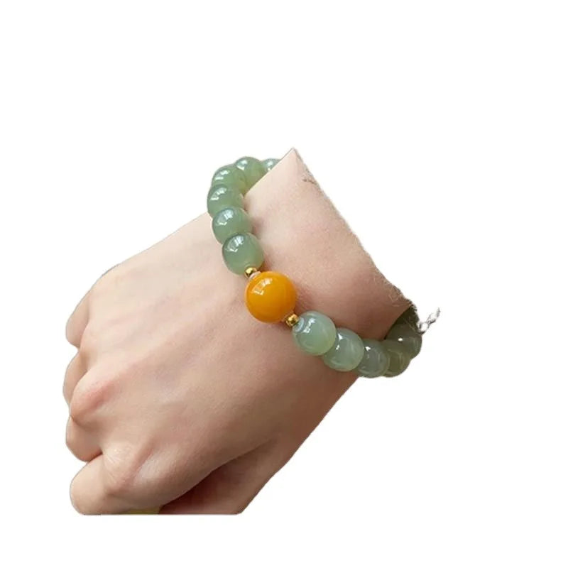 Natural Hetian Jade Green Bead Bracelet — Handmade Lucky Strand