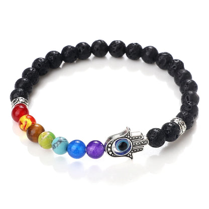 6mm天然石七脉轮弹力手链｜掌形邪眼护符 男女通用