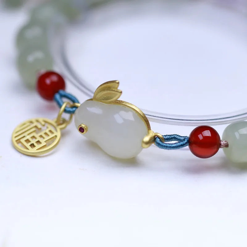 Hetian Jade Auspicious Bead Bracelet - 925 Silver Bell