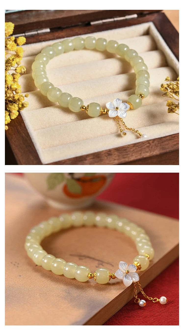 Peach Blossom Pearl & Hetian Jade Hand‑Woven Tassel Bracelet
