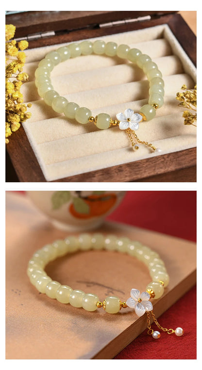 Peach Blossom Pearl & Hetian Jade Hand‑Woven Tassel Bracelet