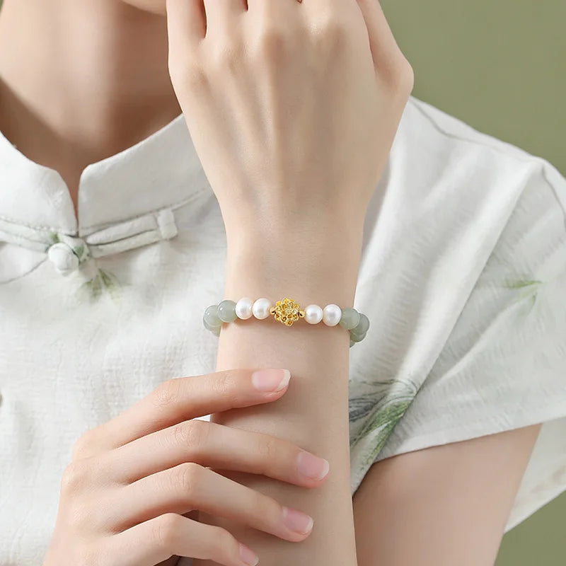 Hotan Jade & 999 Gold Pearl Bracelet｜Feng Shui Elegance