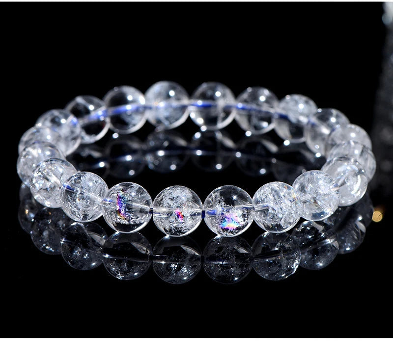 Natural Rainbow White Crystal & Jade Round Bead Bracelet — Feng Shui Charm