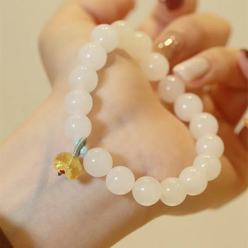 Hetian White Jade 10mm Bead Bracelet — Cinnamon Knot Blessing Gift