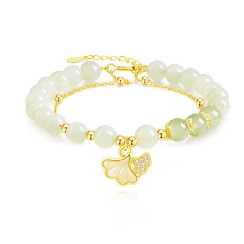 Hotan Jade Ginkgo Double‑Layer Pearl Bracelet — High‑End Gift